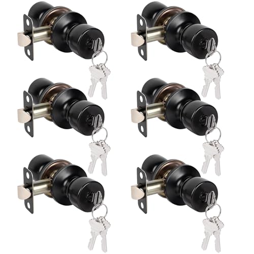 HOSOM 6 Pack Matte Black Door Knob with Lock and Key, Interior Exterior Door Lock for Bedroom and Bathroom, Keyed Entry Door Knob, Stainless Steel Door Handle, 6 Pack