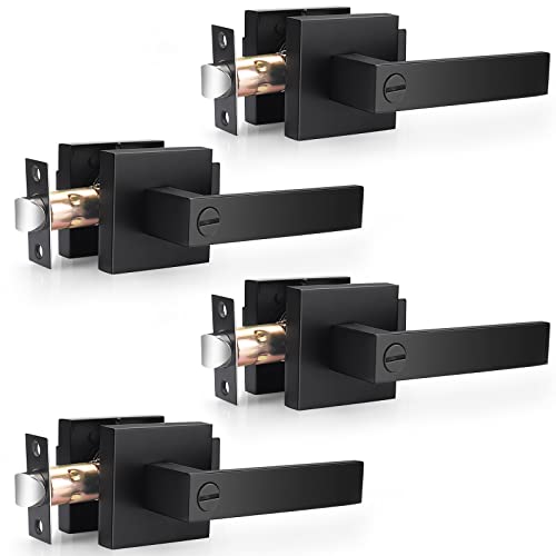 Probrico Heavy Duty Black Door Handle Square Privacy Interior Door Levers Bedroom and Bathroom Door Handles Keyless Lockset (4 Pack)