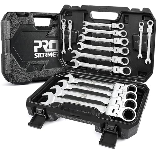 Prostormer 14-Piece SAE Flex-Head Ratcheting Wrench Set, 1/4" to 1" Combination Wrench Kit with Storage Case, 72 Tooth, Cr-V Steel Constructed