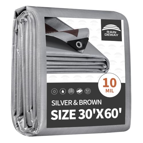 RAINDEWAY Tarps Heavy Duty Waterproof 30x60 Feet,10Mil Thick Multipurpose Large Tarp Cover with Metal Grommets and Reinforced Edges,Silver/Brown Tarp