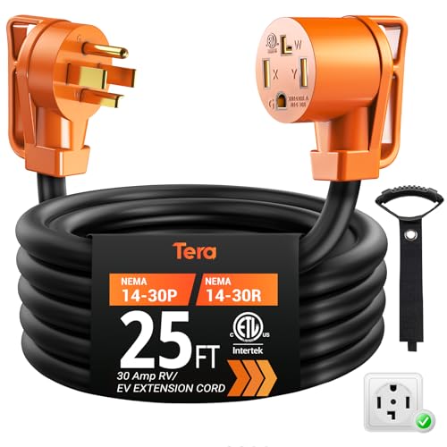 Tera Extension Cord 30 Amp for Tesla RV Dryer 25 FT: NEMA 14-30P to 14-30R UL Listed 4 Prong 125V 250V Heavy Duty with Grip Handle Cord Organizer STW EV RV Power Cord