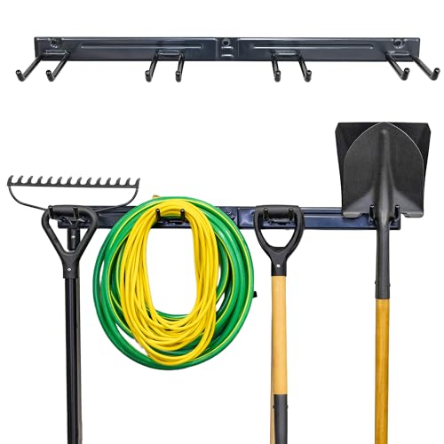 StoreYourBoard Wall-Mounted Rack With 4 Garage Hooks  Heavy-Duty Steel Holder Garage & Garden Storage for Shed, Workshop, or Home Organization  For Rakes, Shovels, Tools & More  1 Pack, Deep Water