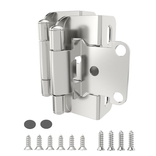 50 Pack | 1/2 inch Overlay Semi Partial Wrap Around Cabinet Hinges, Self Closing Face Frame Variable Decorative Replacement, Kitchen Hardware, with Screw & Quiet Bumper (Satin Nickel)