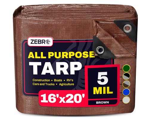 16' x 20' Brown Tarp with Grommets Reinforced - 5 Mil Thick - Durable UV Resistant Plastic Tarps Waterproof - Large Tarpaulin Cover for Outdoor Camping Over/Under Tent Tarp RV Roof Rain - Zebro