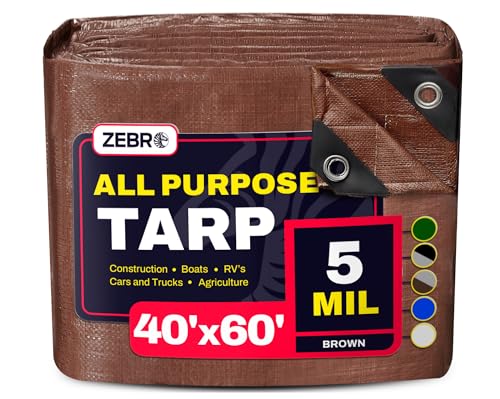 40' x 60' Brown Tarp with Grommets Reinforced - 5 Mil Thick - Durable UV Resistant Plastic Tarps Waterproof - Large Tarpaulin Cover for Outdoor Camping Over/Under Tent Tarp RV Roof Rain - Zebro