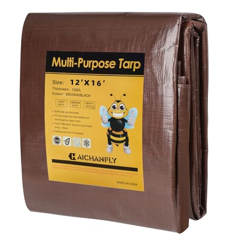 Heavy Duty Double-Sided Waterproof Poly Tarp 12x16 Feet 12mil Thick Polyethylene Tarps, Perfect for Outdoor Use, Plastic Cover & Mat for Tent Camping Storage Boat Bikes Vehicles