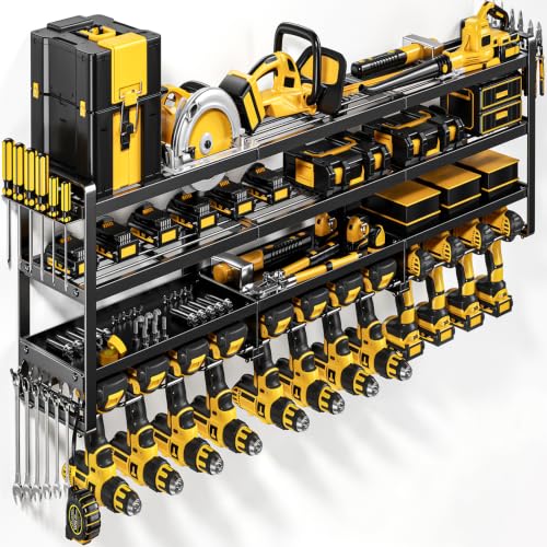 49" W Large Power Tool Organizer Wall Mount, 4 Layer Heavy Duty Loads 800 lbs, Tool Rack Holds 12 Cordless Drills, Large Capacity Battery Holder for Garage Storage, Christmas Gift for Men