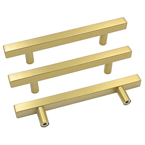 goldenwarm 100 Pack Brushed Brass Cabinet Pulls Drawer Pulls Furniture Hardware T Bar Square Gold Cabinet Handles 5 Inch Hole Centers Kitchen Cupboard Door Handles Stainless Steel