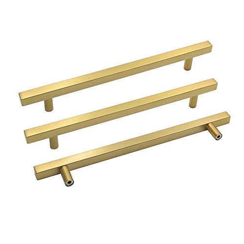goldenwarm 200 Pack Gold Cabinet Pulls Brushed Brass Cabinet Pulls Kitchen Furniture Hardware T Bar Square Gold Kitchen Drawer Door Handle 8-4/5 Inch Hole Centers