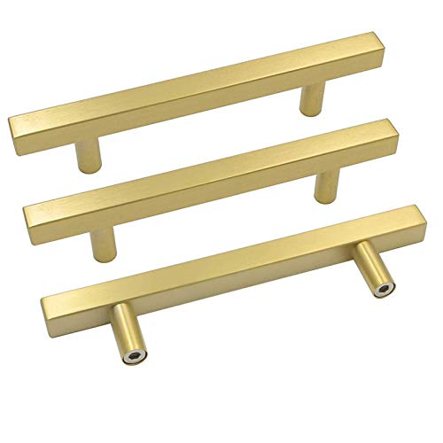 goldenwarm 100 Pack Gold Cabinet Pulls Kitchen Hardware Drawer Pulls Knobs - LS1212GD160 Square T Bar Brushed Brass Cupboard Door Handles 6-1/4 inch Hole Centers Stainless Steel