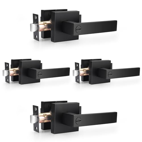Probrico Matte Black Square Privacy Door Levers Bed Bath Door Handles, Heavy Duty Interior Keyless Door Locks for Left or Right Sided Doors, 4 Pack, Modern Design
