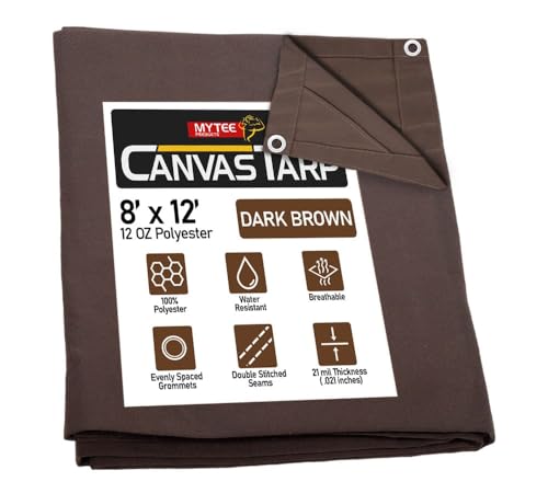 8' x 12' Dark Brown 12oz Canvas Tarp with Grommets - Water Resistant - Heavy Duty Canvas Tarps - Multipurpose Tarpaulin Cover for Canopy Tent, Roof, Camping, Semi Trucks & Cargo