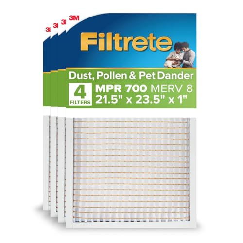 Filtrete 21.5x23.5x1 AC Furnace Air Filter, MERV 8, MPR 700, Tough on Pollen, Easy on Airflow, 3-Month Pleated 1-Inch Electrostatic Air Cleaning Filter, 4-Pack (Actual Size 21.19 x 23.19 x 0.81 in)