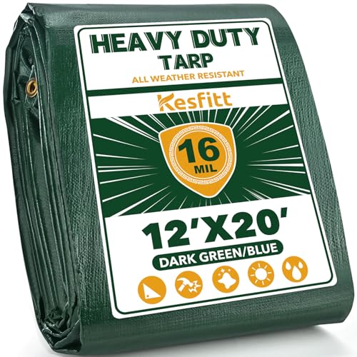 Kesfitt Tarp Heavy Duty Waterproof 12x20FT,16 Mil Thick Tarps Tear&Fade Resistant,UV Resistant,Poly Tarp Cover with Grommets and Reinforced Edges for Outdoor Camping Pools Boat Car(Green/Blue)