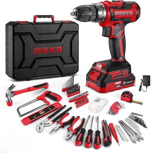 Red Drill Tool Kit Set: 20V Cordless Power Drill Tool Box with Battery Electric Drill Driver for Men Home Hand Repair Basic Toolbox Tools Sets Drills Case