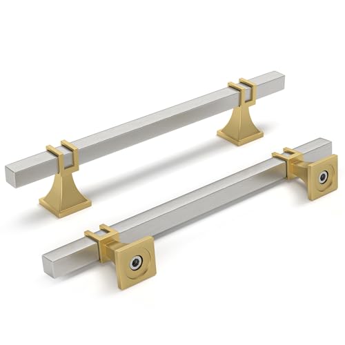 homdiy 12 Pack 5 Inch Cabinet Pulls, Brushed Nickel and Matte Gold, Stainless Steel & Zinc, Modern, Anti-Corrosion, Ambidextrous, 128mm Hole Center, 1x7.5 Inch, Kitchen Cabinet Hardware