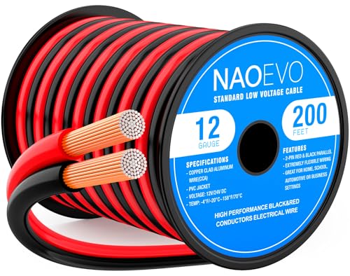 NAOEVO 12 Gauge Wire 200FT, 2 Conductors Electrical Wire Red Black Cable, Flexible/Low Voltage/PVC 12 AWG Copper Clad Aluminum Extension Cord for Speaker, LED Strips, Automotive 12V/24V DC