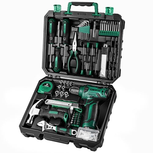 Tool Kit: 8V Cordless Drill, Home Toolbox with storage case, Hand Tool set for Home Repairs 126 Piece, Green