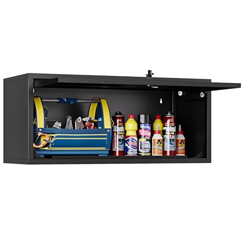 Small Wall-Mounted Locking Cabinet Metal Garage Storage Cabinet Hanging Medicine Lockable Steel Utility Floating Tool 14" H Assembly Required Black