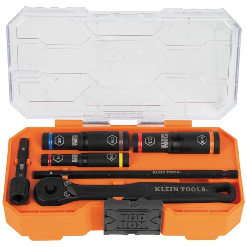 Klein Tools 65238 KNECT Impact Socket Set, Deep Sockets with Wrench, 3 Heavy-Duty Color Coded Flip Sockets, 6 SAE Sizes, Ratchet, Adapter and MODbox Case
