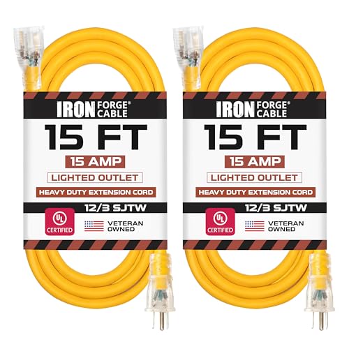 Iron Forge Cable Lighted Outdoor Extension Cord 15 ft 2 Pack - 12 Gauge 15 Amp Heavy Duty Power Extension Cords - SJTW - Great for Major Appliances, Power Tools, Garden Supplies - Yellow