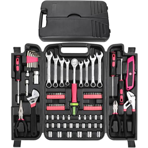 TLGREEN 95 Piece Tool Set, Tool Kit, Mechanics Tool Set, Portable Toolbox with Adjustable Wrench Pliers Socket Bits, with Plastic Toolbox Storage Case, for House Apartment Garage (Pink)