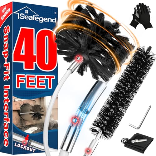 Sealegend 40 Feet Dryer Vent Cleaner Kit/Lint Remover/Upgraded Flexible Quick-Snap Brush2 with Drill Attachment/Fireplace Chimney Brushes for Easy to Use/Works with or Without Power Drill