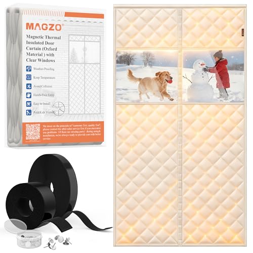 MAGZO Thermal Door Draft Stopper Cover with Perspective Window, 38" x 82", Made of Oxford&Cotton, Curtain Insulation Blanket for Winter/Extra-Wide Entry Door, Keep Cold Out, Strong Magnets, Beige