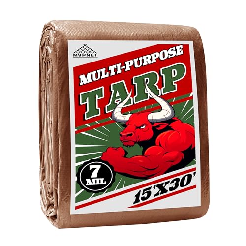 Tarp 15x30 ft 100% Waterproof 7mil Durable Grommets and Reinforced Edges,Uv Resistant,Green/Brown Tarp,Emergency Rain Shelter,Outdoor Cover and Camping Use -by MVPNET