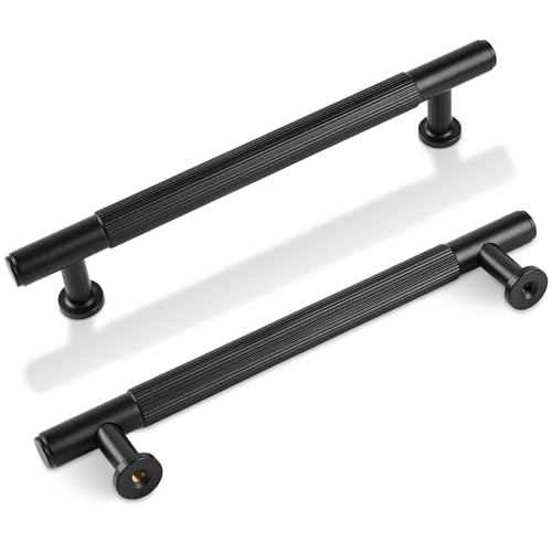 -5 Inch Matt Black Kitchen Cabinet Handles, 5 Pack Solid Brass Drawer Dresser Pulls, Modern Cabinet Hardwares for Bathroom Bedroom Cupboard Wardrobe Closet
