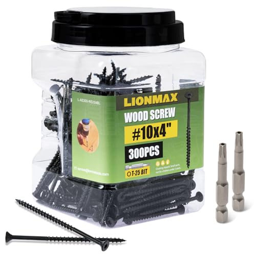 LIONMAX Deck Screws 4 Inch, Wood Screws #10 x 4, 300 PCS, Rust Resistant, Exterior Epoxy Coated, Outdoor Decking Screws, Torx/Star Drive Head Screw, T25 Star Bit Included, Black