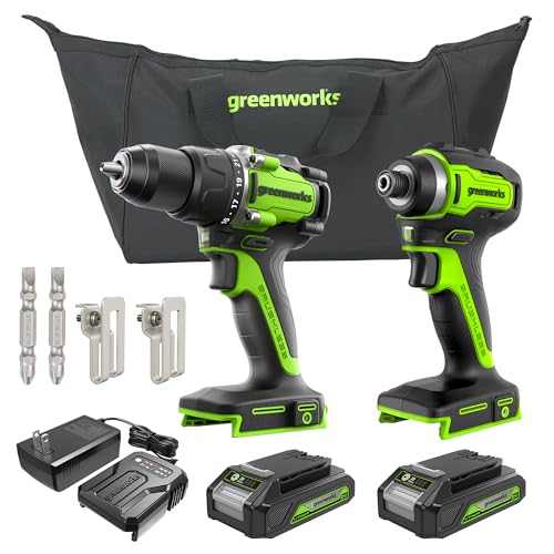Greenworks 24V Brushless Cordless Compact 1/2 in. 530 in.-lbs. Drill/Driver and 1,950 in-lbs Impact Driver Combo (21+1 Clutch Position/LED Light), 22Ah Battery and 2Ah Fast Charger Included