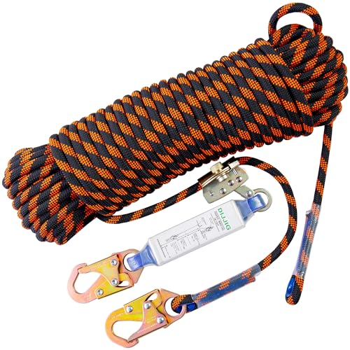 Rope Harness Safety Lanyard 100ft Vertical Roofing Rope with Grab Snap Hooks Shock Absorber Fall Protection Tree Climbing Line Kit Heavy Duty Roof Safety Equipment ANSI CE