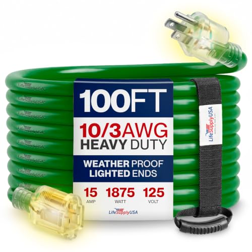 100ft Outdoor/Indoor Extension Cord 10/3 Gauge Ultra Heavy Duty 3 Prong SJTW, Waterproof, Flexible Cold-Resistant Long Power Cord,15A 125V 1875W, Green by LifeSupplyUSA