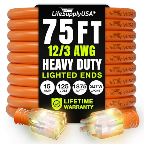 75ft Outdoor/Indoor Extension Cord 12/3 Gauge Extra Heavy Duty 3 Prong SJTW, Waterproof, Flexible Cold-Resistant Long Power Cord,15A 125V 1875W, Orange by LifeSupplyUSA