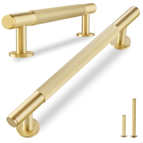 QOGRISUN 5-Pack Solid Brass Cabinet Pulls, Grooved Gold Bar Handles, 3-Inch Hole Center for Kitchen Drawer Dresser Cupboard, 4.4-Inch Total Length, Brushed Brass Finish  Eleganza