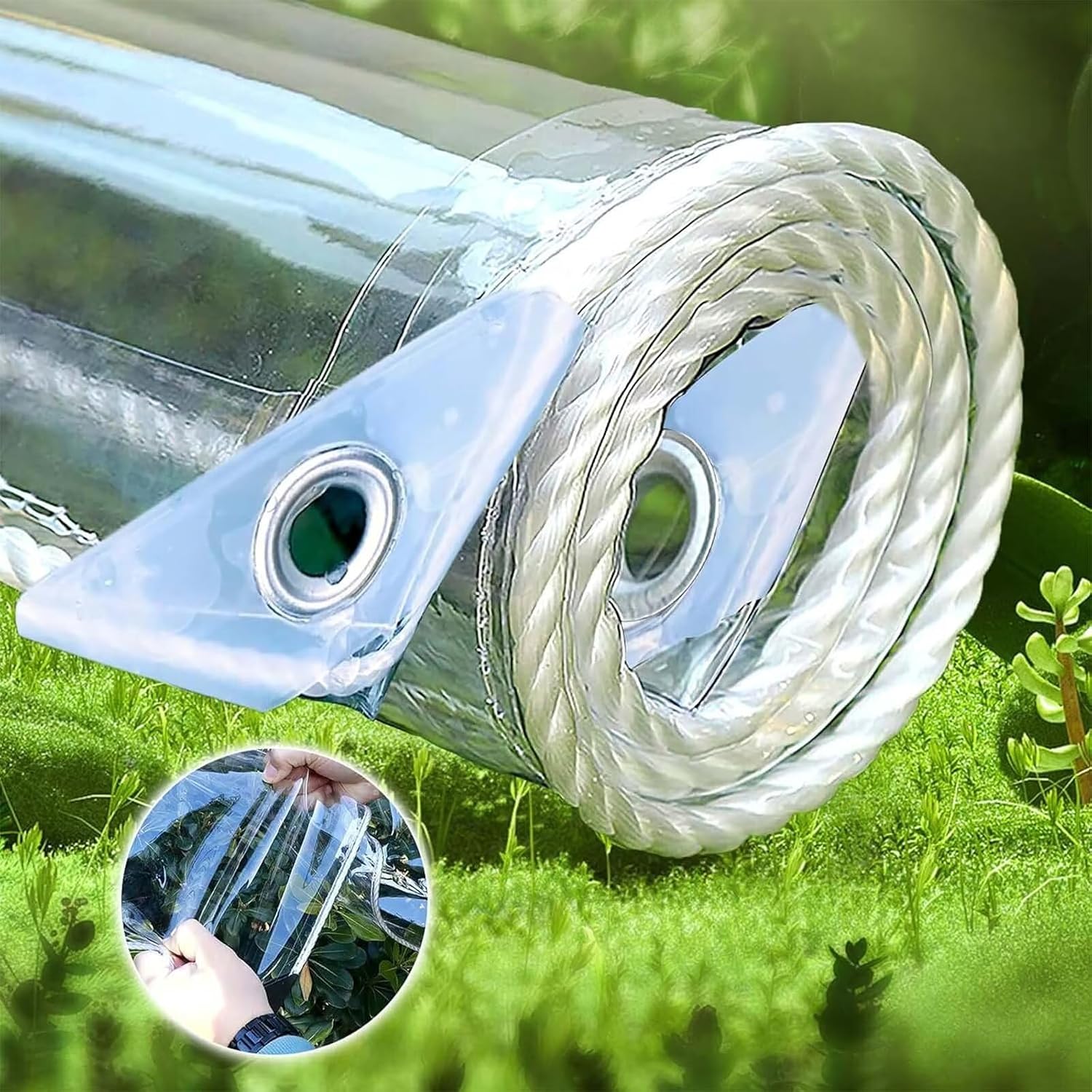 Clear Tarps with Grommets 8x10 FT Heavy Duty Waterproof Transparent Tarp Dustproof PVC Clear Plastic Tarp for Patio Garden Plants Balcony and Furniture Including Nylon Rope