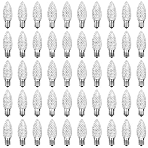 Meconard C9 Led Replacement Christmas Light Bulbs, C9 Shatterproof Led Bulbs for Christmas Indoor Outdoor String Lights, E17 Intermediate Base, Commercial Grade Holiday Bulbs, Cool White, 50Pack