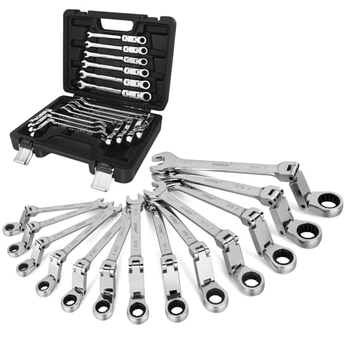 DISEN Ratchet Wrenches Set 13pcs, Double Jointed Flex Head Ratcheting Wrench Set, SAE 1/4'' -3/4'', Open End Long Combination Wrench Set, 72-Teeth, Cr-V Steel, with Heavy Duty Case
