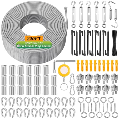 220 FT 1/8" Wire Rope Kit, 304 Stainless Steel Cable with M5 Turnbuckles for Cables Wire, Vinyl Coated String Lights Hanging Wires for Outdoor Camping, Trellis, Garden, Clothes line, Curtain, Festival