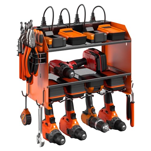 CCCEI Modular Power Tool Organizer Wall Mount with Charging Station. Garage Drill Storage Shelf with Hooks, Heavy Duty Rack, Tool Battery Holder Built in 8 Outlet. Gift for Men. Orange, 1 Pack.