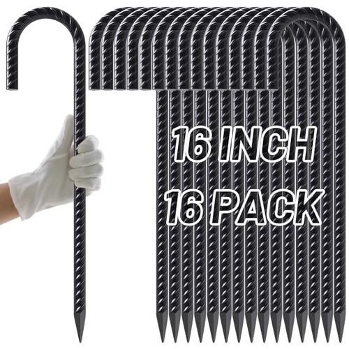 AAGUT Rebar Stakes 16 Inch 16 Pack 1/2" Heavy Duty J Hook Ground Spikes, Tent Stakes Chain Link Fence Metal Steel Anchors for Outdoor Decorations, Inflatables, Trampoline, Canopy, Swing Set
