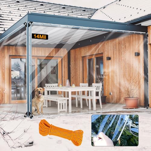 Clear Tarp,6x20ft Clear Tarps Heavy Duty Water Resistant with Reinforced Edge,14Mil Thickened Transparent Tear Resistant Water Resistant PVC Vinyl Tarpaulin Enclosure for Patio, Greenhouse Outdoo
