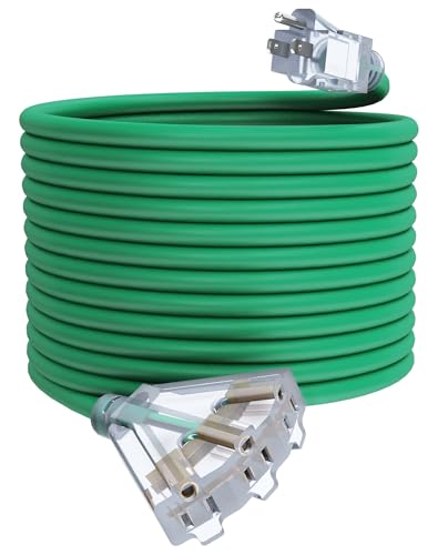 50Ft 12/3 Outdoor Extension Cord with 3-Outlets, Heavy Duty 12 Gauge 3 Prong Extension Cord Waterproof with Lighted end, 15A 12AWG 1875W SJTW, ETL Listed - Great for Garage, Garden and Home, Green