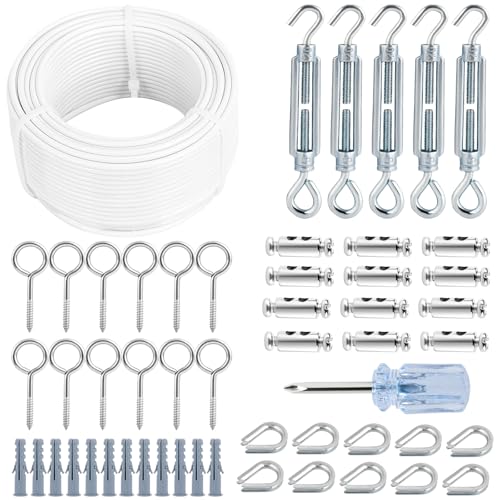 Turnbuckles for Cables Wire, 1/8" X 100Ft White PVC Coated Wire Rope Kit