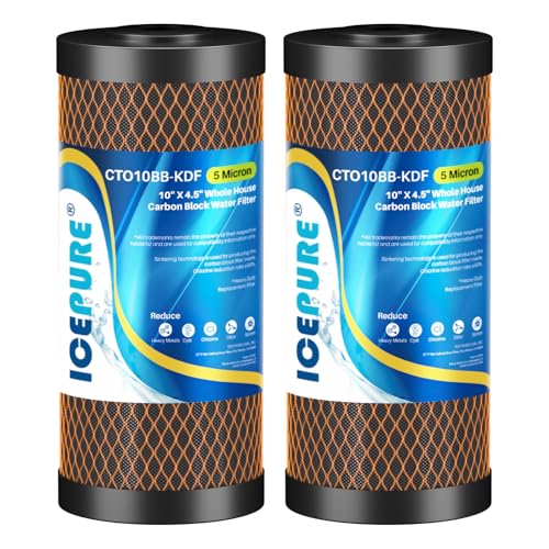 ICEPURE 5 Micron 4.5" x 10" CTO10BB-KDF Whole House Water Filter Coconut Shell Activated Carbon and KDF Heavy Metal Removal Water Filter Replacement for Home, 2PACK
