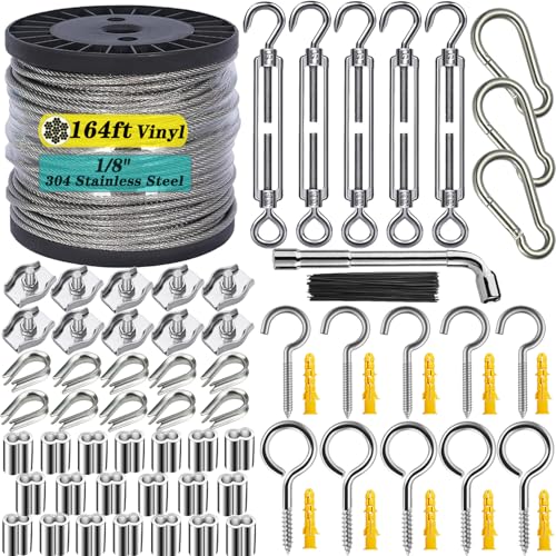 1/8" Wire Rope Kit with M5 Turnbuckles - 164FT Vinyl Coated Stainless Steel Cable, 7x7 Braided Strands Aircraft Cable for Climbing Plants, Outdoor String Lights Hanging