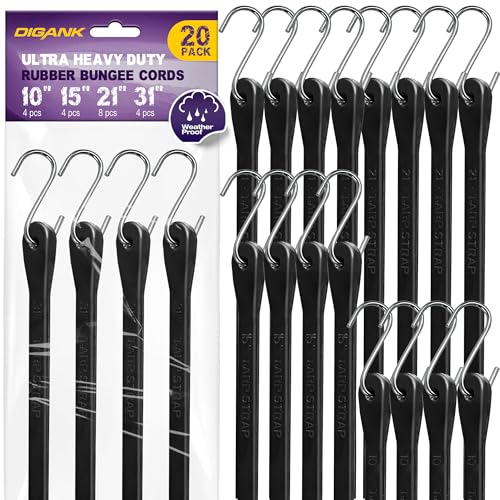 Bungee Cords with Hooks (20 Pack) Heavy Duty Outdoor Rubber Tarp Straps in 10", 15", 21", 31" Sizes, Crimped S Hooks for Securing Cargo, Bikes, Camping Gear, Luggage - Max Stretch 1.5X, Load 180 lbs