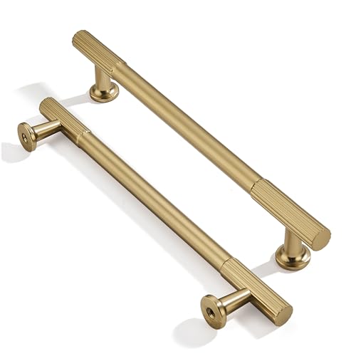 khtumeware 6 Inch Hole Center 10 Pack Brushed Brass Heavy Duty Solid Warm Brass Cabinet Pulls, Kitchen Drawer Handles, for Dresser cabinets, cabinets