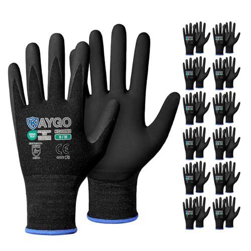 KAYGO Safety Work Gloves MicroFoam Nitrile Coated, 12 Pairs KG18NB,Seamless Knit Nylon Glove with full fingers Touchscreen, Ideal for Automotive,Warehouse,Construction (Medium, Black)